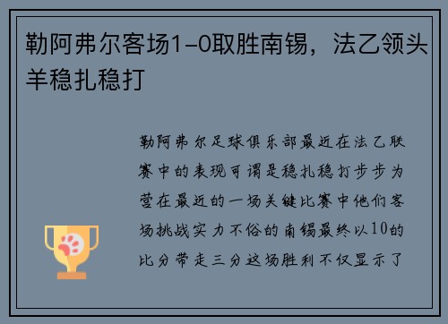 勒阿弗尔客场1-0取胜南锡，法乙领头羊稳扎稳打